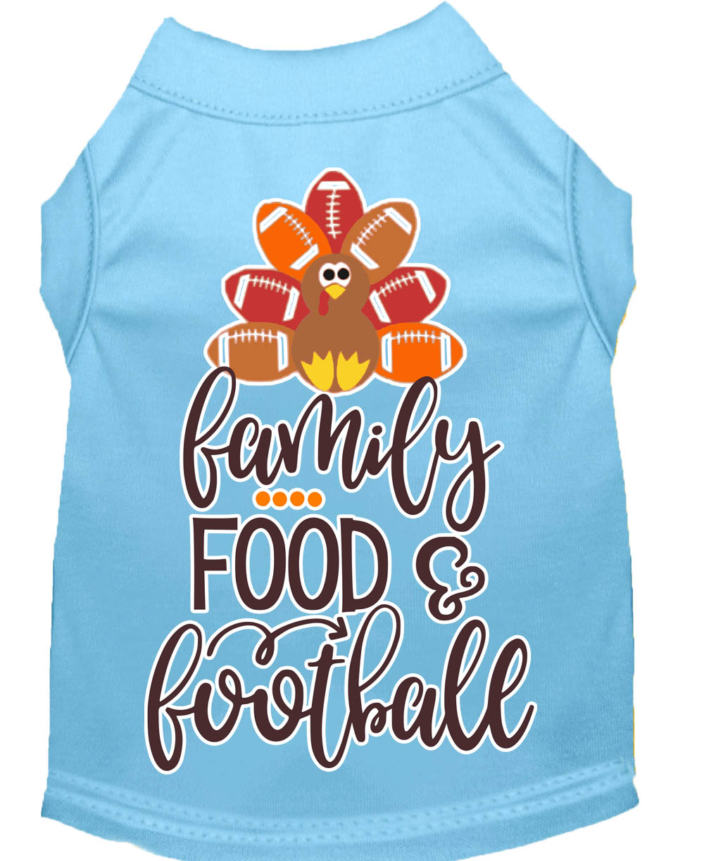 Family, Food, and Football Screen Print Dog Shirt Baby Blue XS